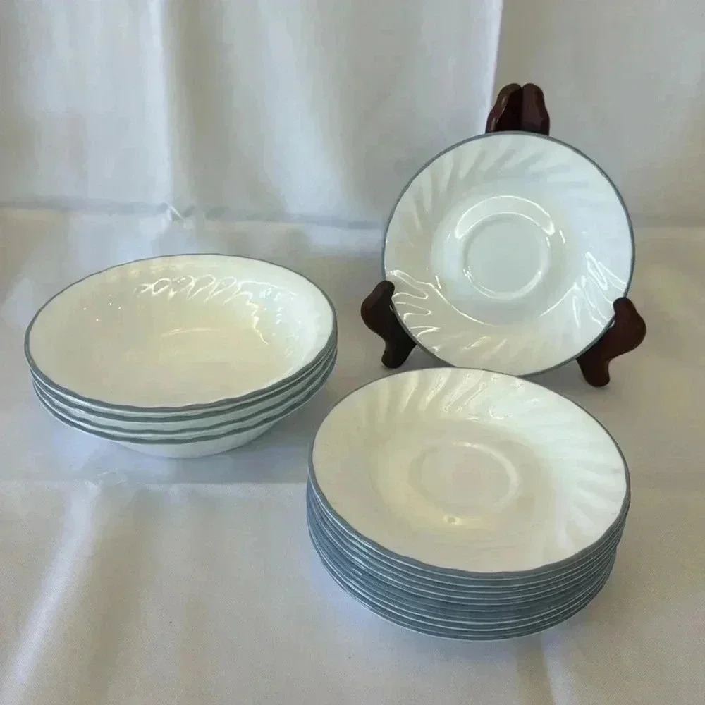 Vintage Corelle PINK TRIO White Swirl Soup Cereal Bowls and Saucer Side Plates